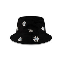New Era Cap Flower Embroidery Black Denim Bucket Hat