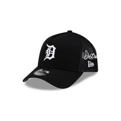 Detroit Tigers Side Script Black 9FORTY A-Frame Trucker Hat