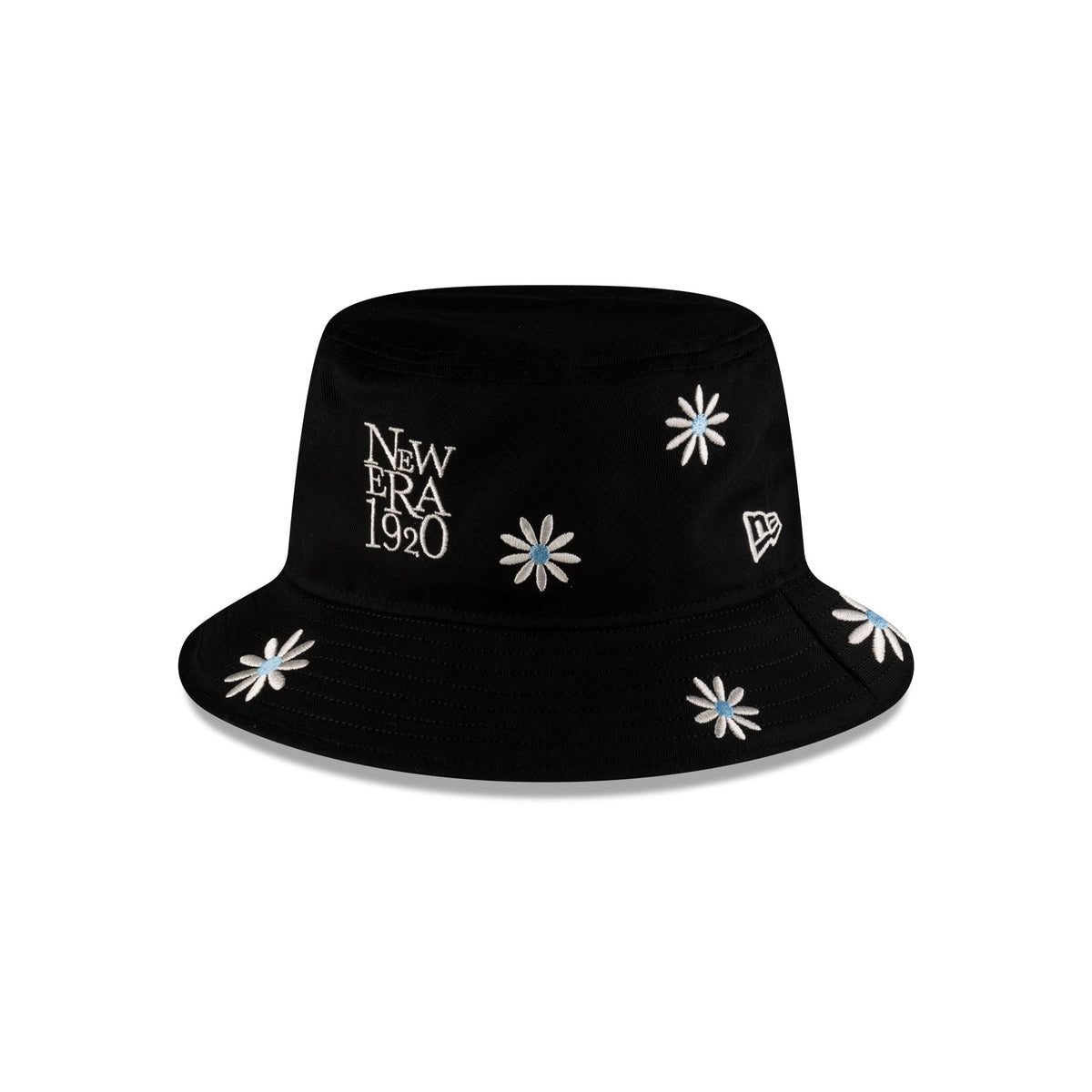 New Era Cap Flower Embroidery Black Denim Bucket Hat