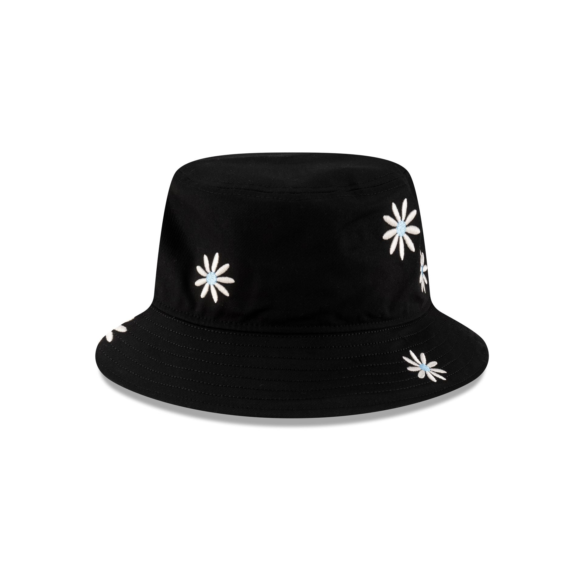 New Era Cap Flower Embroidery Black Denim Bucket Hat