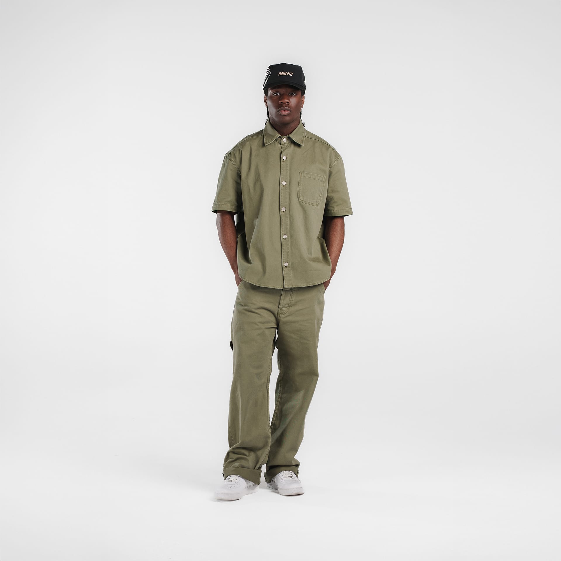 New Era Branded Ellicott Green Bark Twill Half Sleeve Button Up Shirt