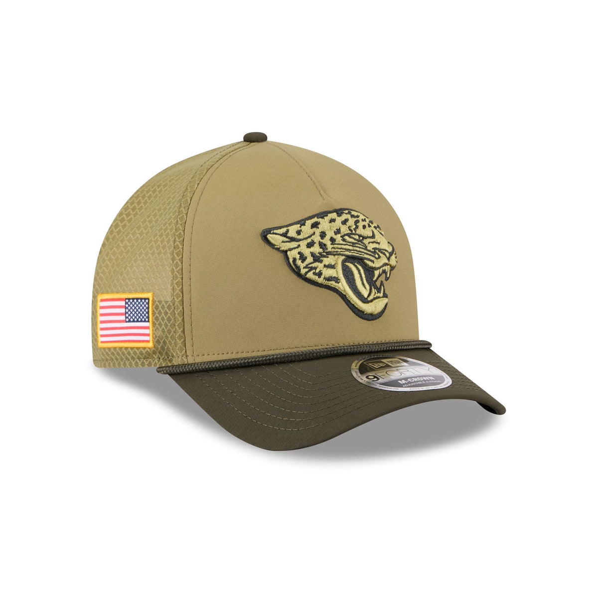 Jacksonville Jaguars 2025 Salute to Service 9FORTY M-Crown A-Frame Trucker Hat