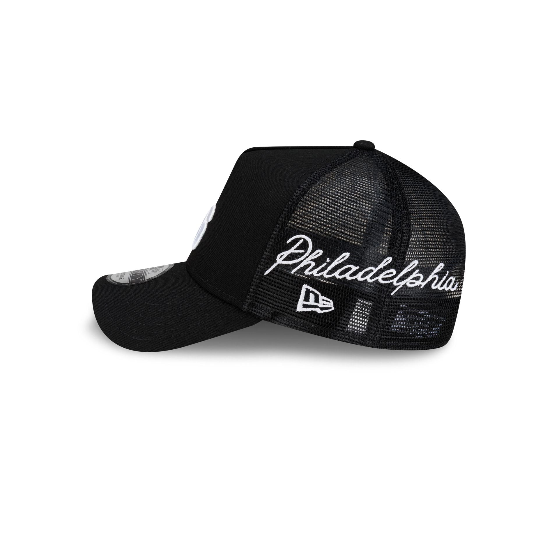 Philadelphia 76ers Side Script Black 9FORTY A-Frame Trucker Hat